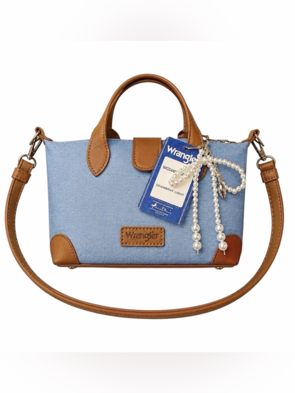 Wrangler Chambray Light Blue Crossbody with Brown Trim and Pearl Charm